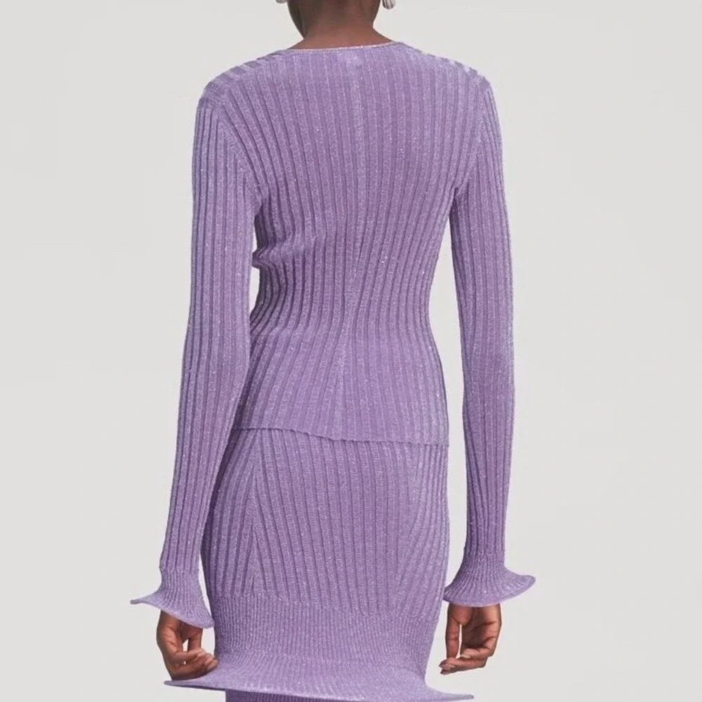 Tory Burch Purple Metallic hoop top large Ribbed Knit V-Neck Circular Cuffs